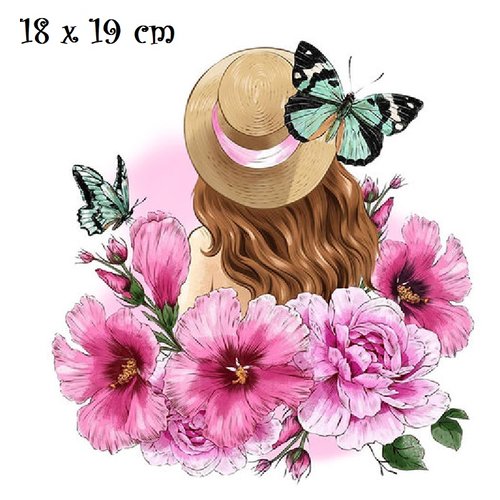Patch applique, dessin transfert thermocollant - fille chapeau papillon, fleur rose hibiscus * 18 x 19 cm * sérigraphie à repasser t935