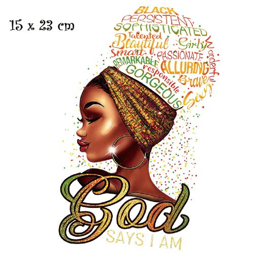 Patch applique, dessin transfert thermocollant, femme noire africaine, turban écriture ** 15 x 23 cm ** sérigraphie à repasser - t933
