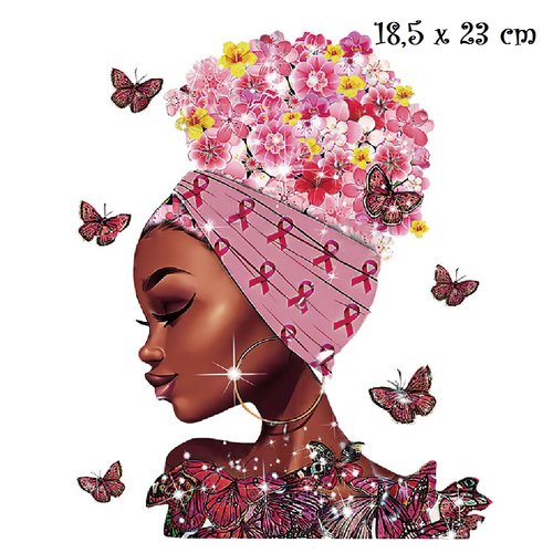 Patch applique, dessin transfert thermocollant, femme noire africaine, turban fleuri, papillon ** 18,5 x 23 cm ** sérigraphie - t932