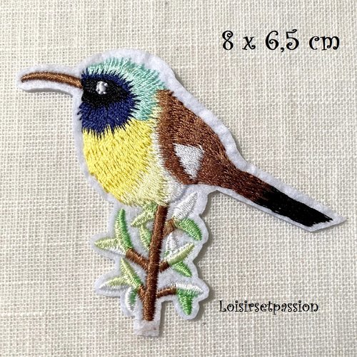 Écusson patch - oiseau moineau colibri, branche d'arbre ** 8 x 6,5 cm ** applique brodée thermocollante