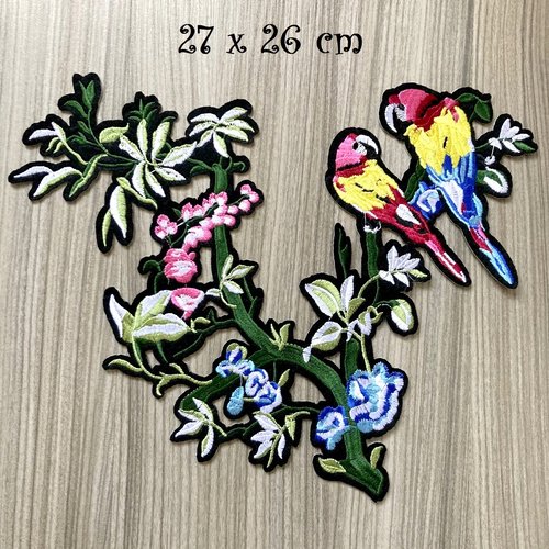Applique patch écusson thermocollant - couple oiseau perroquet sur branche fleurie ** 27 x 26 cm ** applique brodée