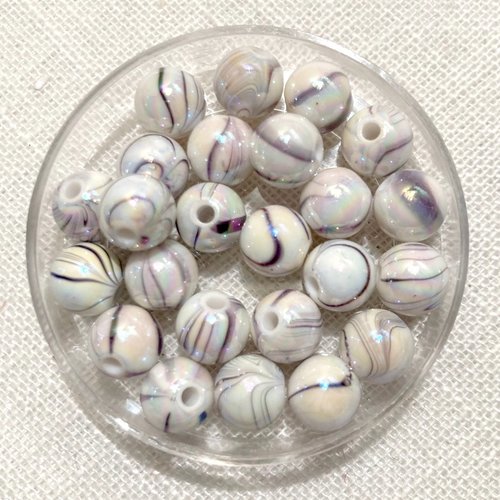 Lot de 25 perles acryliques, rayure marbré, blanc crème ** 8 mm ** pa02