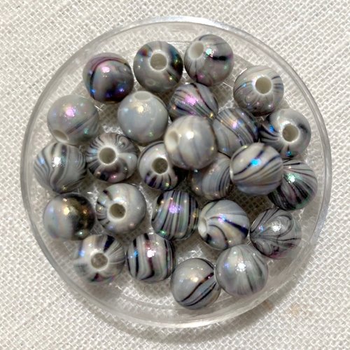 Lot de 25 perles acryliques, rayure marbré, vert de gris ** 8 mm ** pa02