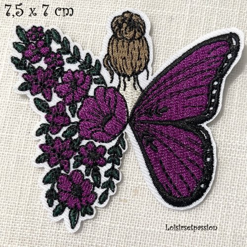 Écusson patch - femme fille papillon, ailes fleurs ** 7,5 x 7 cm ** applique brodée thermocollante - applique à repasser