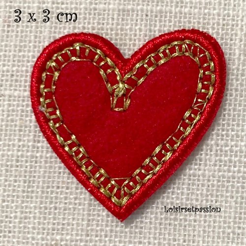 Écusson patch - petit coeur rouge, fils doré ** 3 x 3 cm ** applique brodée thermocollante - applique à repasser