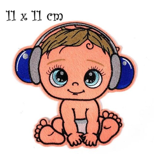 Grand écusson patch brodé thermocollant - enfant bébé, écouteur musique ** 11 x 11 cm ** applique à repasser