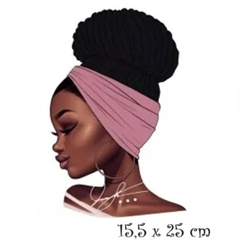 Patch applique, dessin transfert thermocollant, femme noire africaine, turban vieux rose ** 15,5 x 25 cm ** sérigraphie à repasser - t928