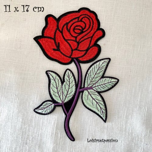 Écusson patch brodé thermocollant - grande fleur rose rouge sur tige ** 11 x 17 cm ** applique à repasser - c162