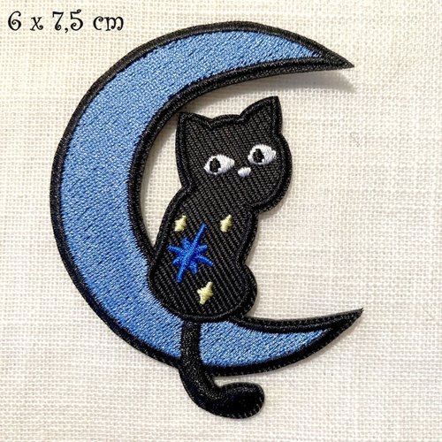 Écusson patch brodé thermocollant - chat noir lune bleue, halloween ** 6 x 7,5 cm ** applique à repasser