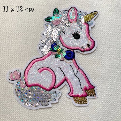 Patch écusson thermocollant, cheval poney licorne sequin brillant ** 11 x 12 cm ** applique à repasser