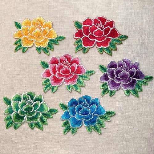 Écusson patch thermocollant - fleur pivoine / jaune, rose, vert, rouge, orangé, lilas ** 9 x 5,5 cm ** applique à repasser - c168