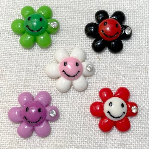 Embellissement en résine, fleur pétale visage souriant + strass ** 20 mm ** à coller, vendu à l'unité, scrapbooking carterie - r025