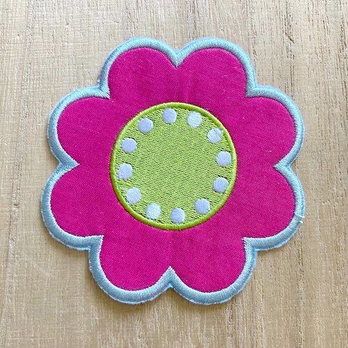 Écusson patch thermocollant - fleur rosace, 8 pétales bleu fuchsia vert ** 9 cm ** applique à repasser - c168
