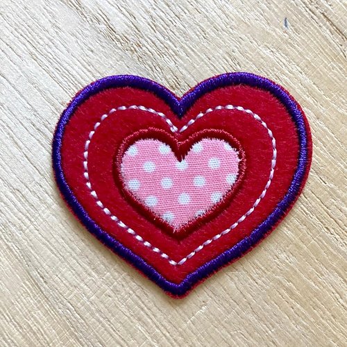 Écusson patch - coeur rouge, double coeur tissu rose à pois ** 5 x 4 cm ** applique brodée thermocollante - applique à repasser