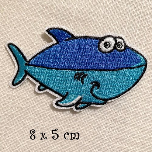 Écusson patch brodé thermocollant - baleine requin poisson bleu ** 8 x 5 cm ** applique à repasser