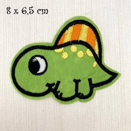 Écusson patch thermocollant - dinosaure enfantin, vert jaune orange ** 8 x 6,5 cm ** applique à repasser