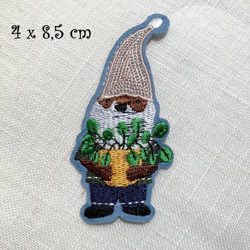 Écusson patch brodé thermocollant - gnome, nain de jardin, panier plante ** 4 x 8,5 cm ** applique à repasser