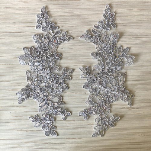 Lot de 2 appliques symétrique fleur paillette sequin / gris argent ** 11 x 25 cm ** dentelle guipure mariage - acd56
