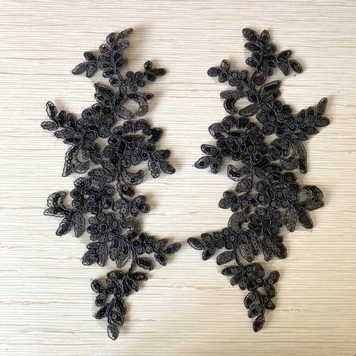 Lot de 2 appliques symétrique fleur paillette sequin / noir ** 11 x 25 cm ** dentelle guipure mariage - acd56