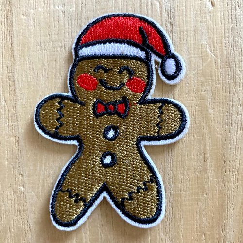 Écusson patch brodé thermocollant - bonhomme pain d'épice chapeau rouge, noël ** 4,5 x 6 cm ** applique à repasser