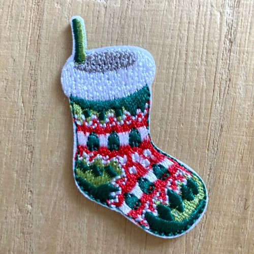 Écusson patch brodé thermocollant - botte chaussette de noël jacquart vert ** 3,5 x 5,5 cm ** applique à repasser