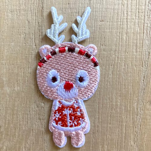 Écusson patch brodé thermocollant - animal cerf renne noël rose chair ** 3 x 6 cm ** applique à repasser