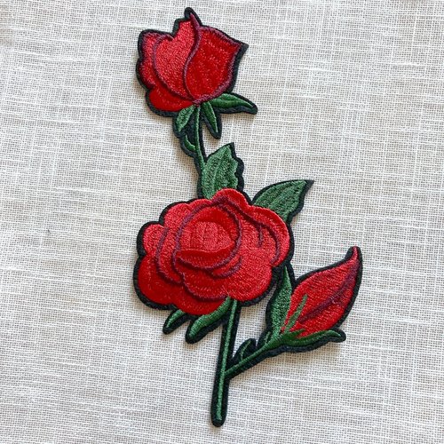 Écusson patch brodé thermocollant - tige fleur rose rouge ** 8 x 15 cm ** applique à repasser - c173