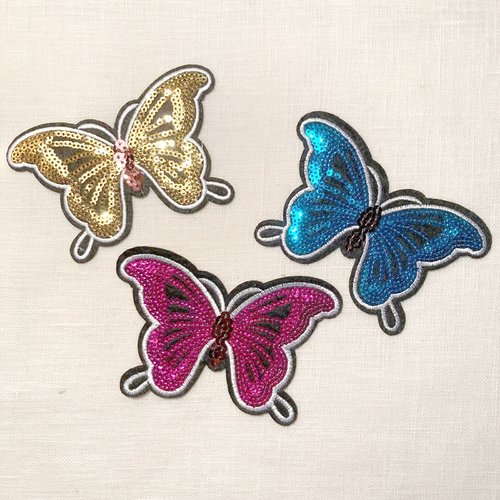 Écusson patch thermocollant - papillon sequin, turquoise, fuchsia, mordoré ** 11 x 7 cm ** applique à repasser - coloris au choix