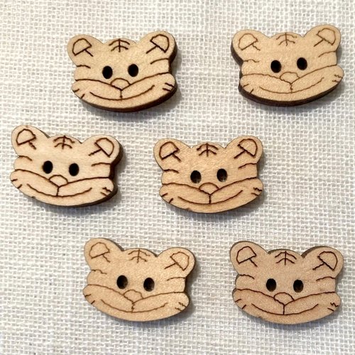 Lot de 6 - bouton bois 2 trous, tête chat tigre / naturel ** 20 x 14  mm ** bb10bis