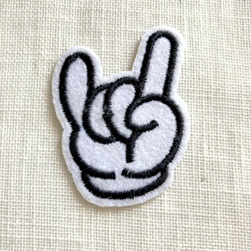 Écusson patch brodé thermocollant, signe de main , main blanche corne ** 3,5 x 5 cm ** applique à repasser