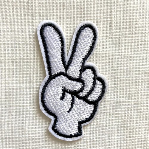 Écusson patch brodé thermocollant, signe de main , main blanche paix victoire ** 4 x 6,5 cm ** applique à repasser