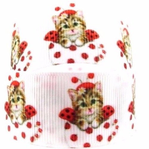 RUBAN GROS GRAIN IMPRIMÉ ** 22 mm ** ADORABLE CHAT CONFETTI FLEUR vendu au mètre