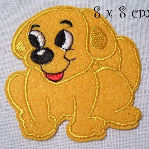 Écusson patch thermocollant - chien joyeux jaune ambre ** 8 x 8 cm ** applique à repasser