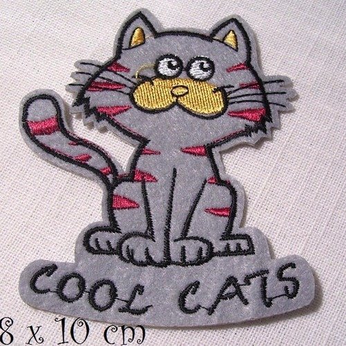 Applique patch écusson thermocollant - chat cool cat gris ** 8 x 10 cm ** écusson patch brodé thermocollant - applique à repasser