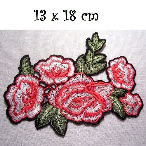 C2338 - bouquet de fleur roses ** 13 x 18 cm ** grand écusson patch brodé thermocollant - applique à repasser