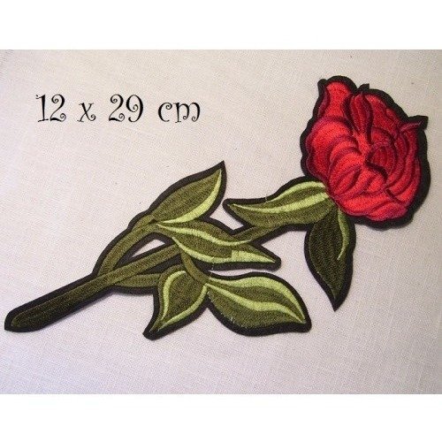C2384 - tige fleurs rose rouge ** 12 x 29 cm ** grand écusson patch brodé thermocollant - applique à repasser