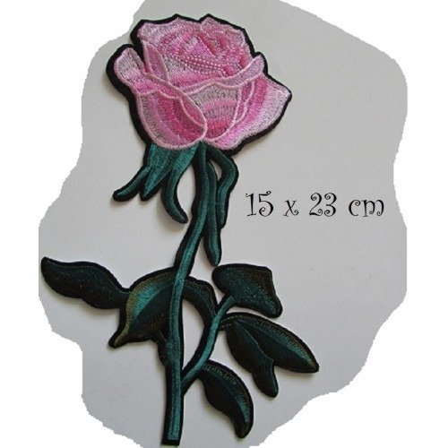 Grand écusson patch brodé thermocollant - tige fleur rose ** 15 x 23 cm ** applique à repasser - c5344