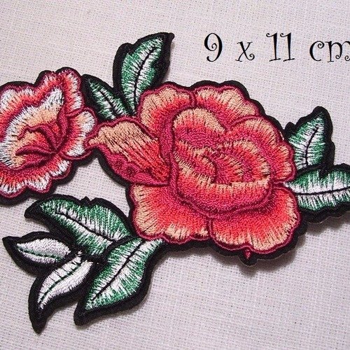 C5354 - fleur duo de rose ** 9 x 11 cm ** applique écusson patch brodé thermocollant