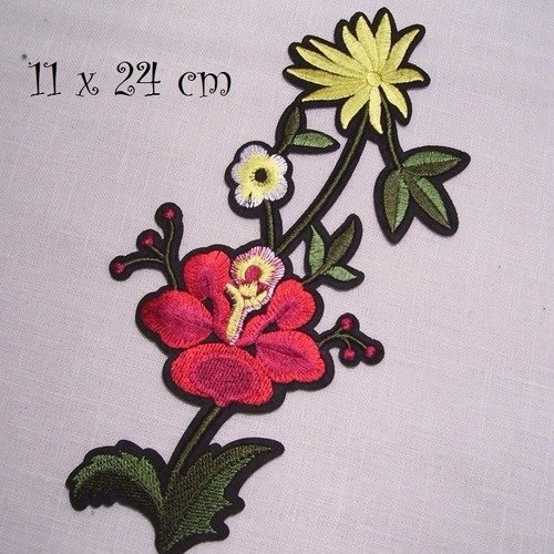 C5396 - bouquet de fleurs jaunes et rouges ** 11 x 24 cm ** grand écusson patch brodé thermocollant - applique à repasser
