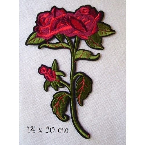 C5405 - fleur rose sur tige ** 14 x 20 cm ** grand écusson patch brodé thermocollant - applique à repasser