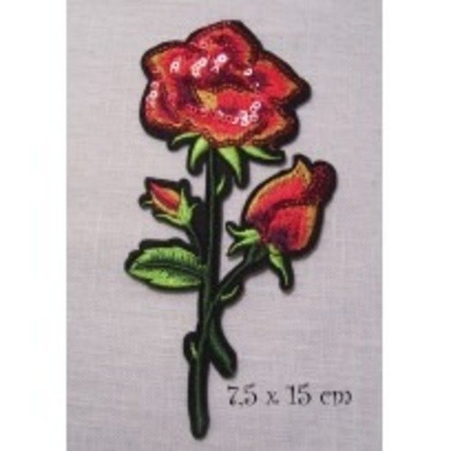 C5437 - tige fleur rose rouge sequin ** 7,5 x 15 cm ** grand écusson patch brodé thermocollant - applique à repasser
