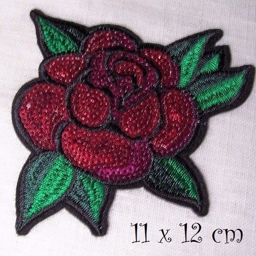 Écusson applique patch brodé thermocollant - fleur rose rouge sequin ** 11 x 12 cm ** c5438