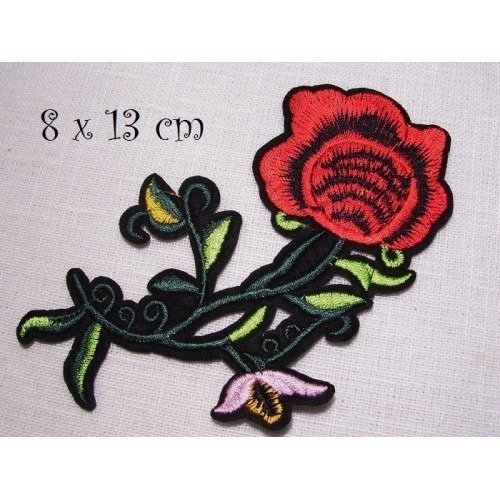 C5443 - tige fleur rouge ** 8 x 13 cm ** applique écusson patch brodé thermocollant