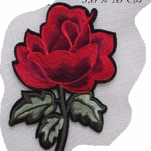 C5637 - tige fleur rouge ** 9,5 x 15 cm ** grand écusson patch brodé thermocollant - applique à repasser