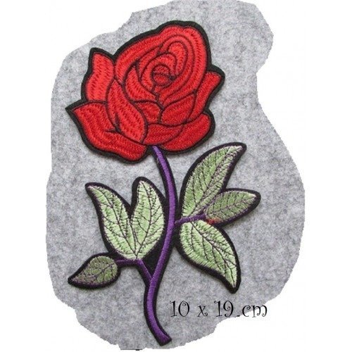 C5823 - fleur rose feuille ** 10 x 19 cm ** grand écusson patch brodé thermocollant - applique à repasser