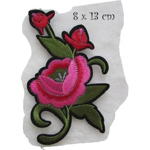 C5875 - bouton fleur rose ** 8 x 13 cm ** applique écusson patch brodé thermocollant