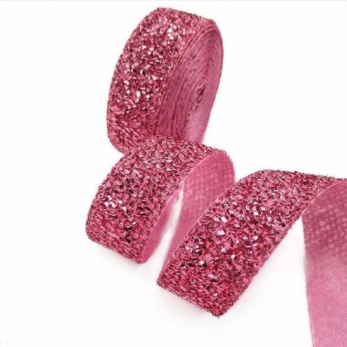 Ruban fantaisie souple scintillant paillettes lurex ** 25 mm ** rose - effet perle rocaille - vendu par 50 cm 
