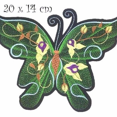 Applique patch écusson thermocollant - grand papillon vert brodé fleurs ** 20 x 14 cm ** applique à repasser