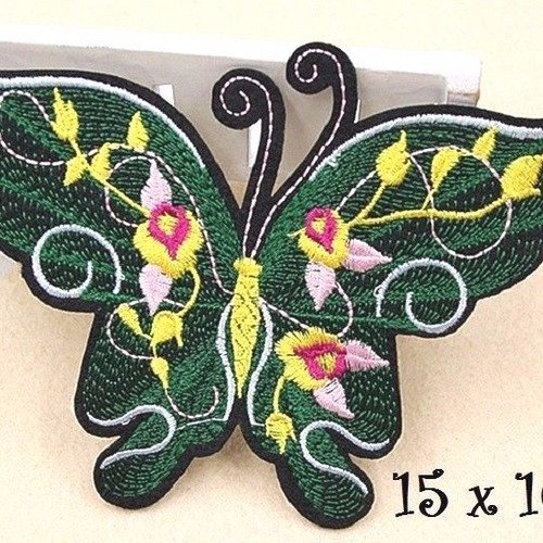 Applique patch écusson thermocollant - grand papillon vert brodé fleurs ** 15 x 10 cm ** applique à repasser