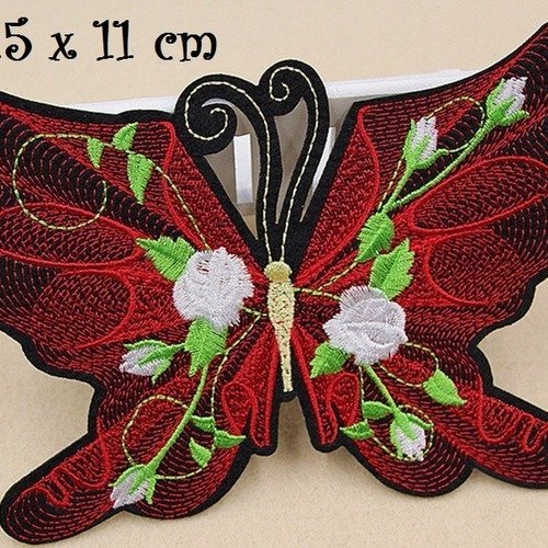 Applique patch écusson thermocollant - grand papillon rouge brodé fleurs ** 15 x 11 cm ** applique à repasser